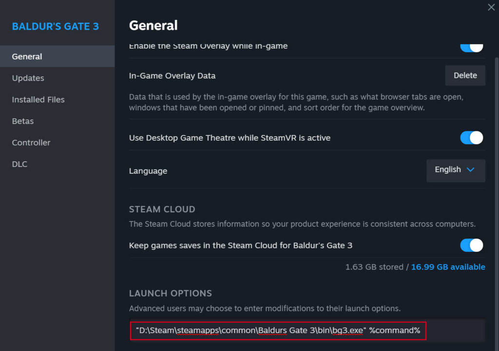 How to disable Baldur's Gate 3 launcher on Steam - launch options 02