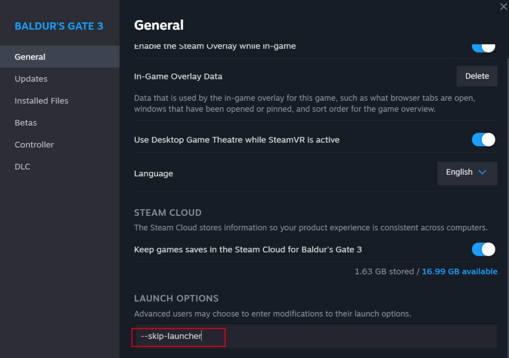 How to disable Baldurs Gate 3 launcher on Steam launch options